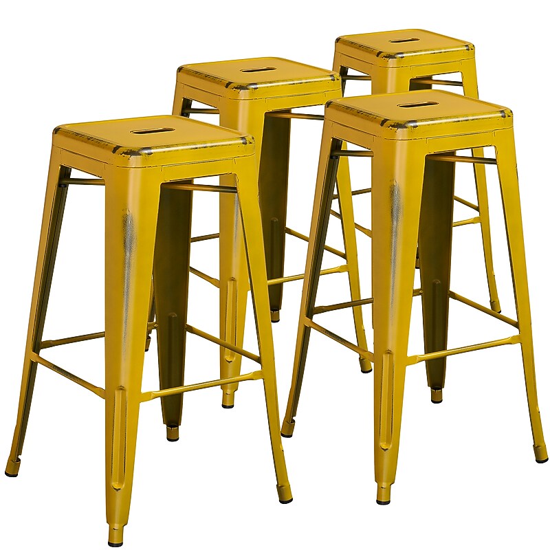 Flash Furniture Commercial Grade 30" High Backless Distressed Yellow Metal Indoor-Outdoor Barstool, 4 Pack (4ETBT350330YL) image 1
