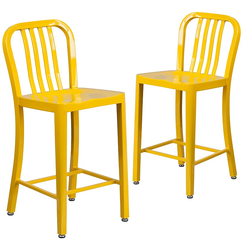 Flash Furniture 24" High Yellow Metal Indoor-Outdoor Counter Height Stool with Vertical Slat Back, 2 Pack (2CH6120024YL) image 1