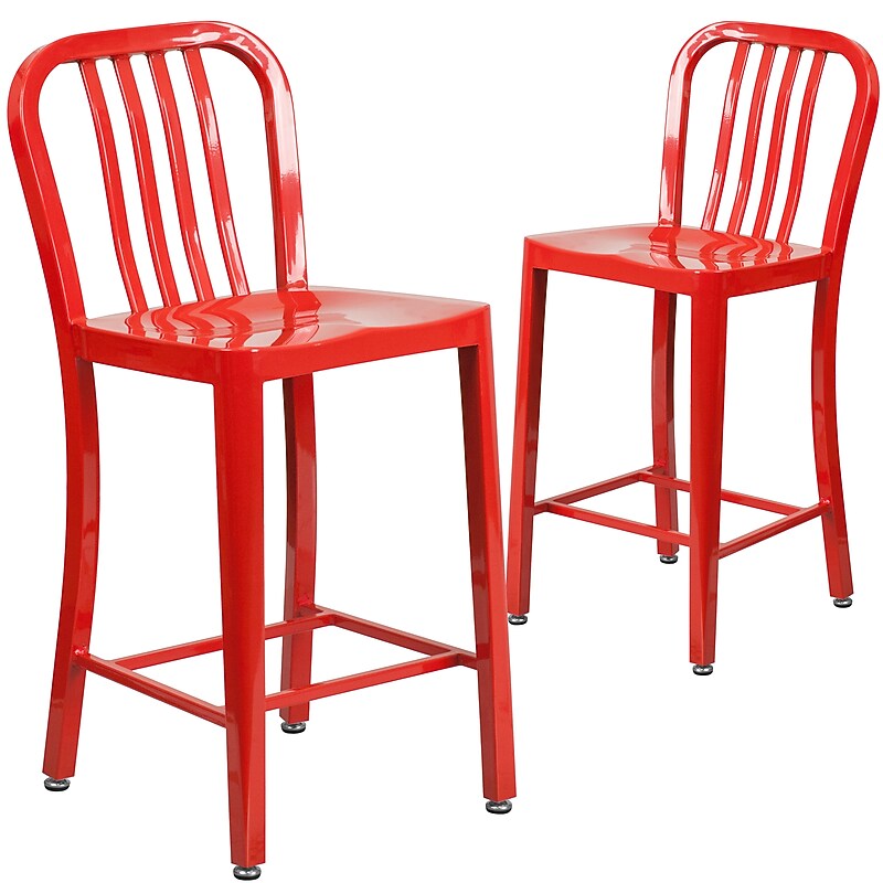 Flash Furniture 24" High Red Metal Indoor-Outdoor Counter Height Stool with Vertical Slat Back, 2 Pack (2CH6120024RED) image 1
