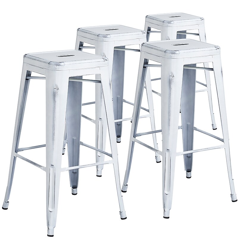 Flash Furniture Commercial Grade 30" High Backless Distressed White Metal Indoor-Outdoor Barstool, 4 Pack (4ETBT350330WH) image 1