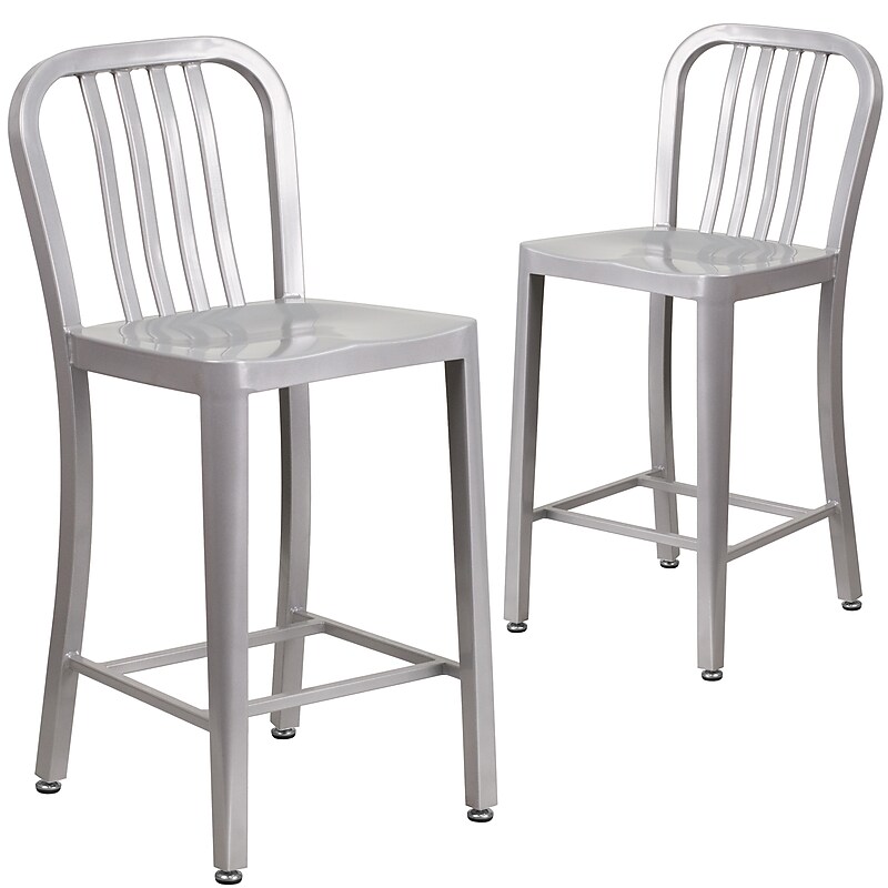 Flash Furniture 24" High Silver Metal Indoor-Outdoor Counter Height Stool with Vertical Slat Back, 2 Pack (2CH6120024SIL) image 1