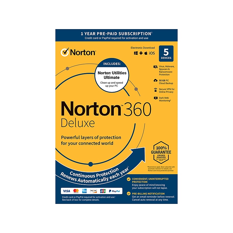 Norton 360 Deluxe & Utilities Ultimate Bundle for 5 Devices, Windows/Mac/Android/iOS,  Product Key Card (21422539) image 1