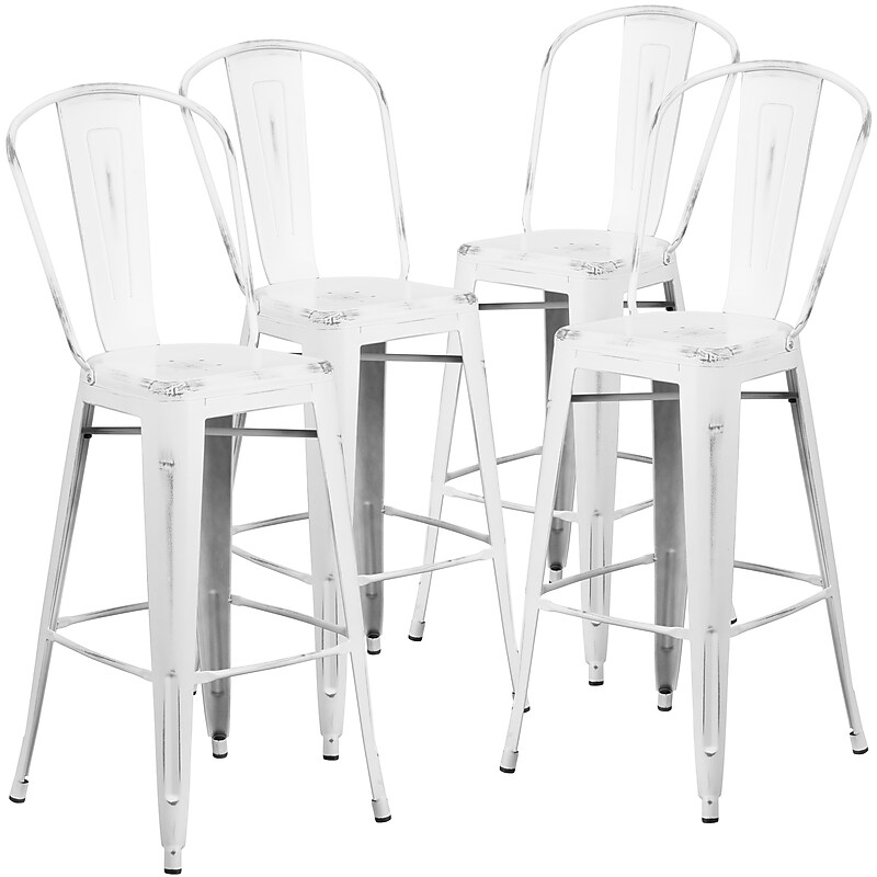 Flash Furniture Commercial Grade 30" High Distressed White Metal Indoor-Outdoor Barstool with Back, 4 Pack (4ET353430WH) image 1