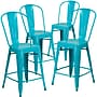Flash Furniture Commercial 24" High Crystal Teal-Blue Metal Indoor-Outdoor Counter Height Stool with Back, 4 Pack (4ET353424CB)~#|#~sp137090580_sc7