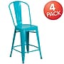 Flash Furniture Commercial 24" High Crystal Teal-Blue Metal Indoor-Outdoor Counter Height Stool with Back, 4 Pack (4ET353424CB)~#|#~sp137090589_sc7