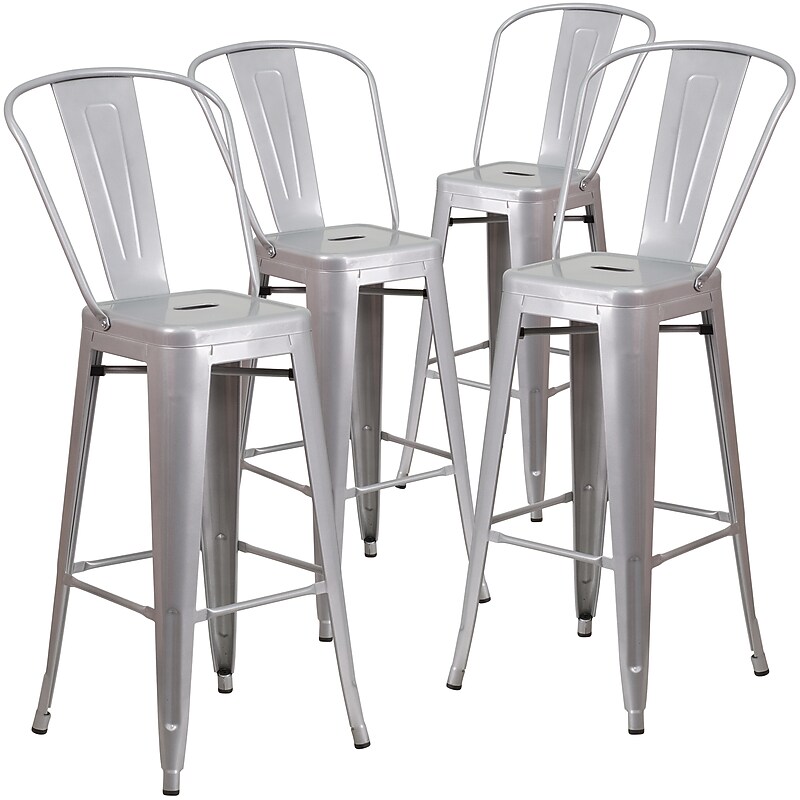 Flash Furniture Commercial Grade 30" High Silver Metal Indoor-Outdoor Barstool with Removable Back, 4 Pack (4CH3132030GBSIL) image 1