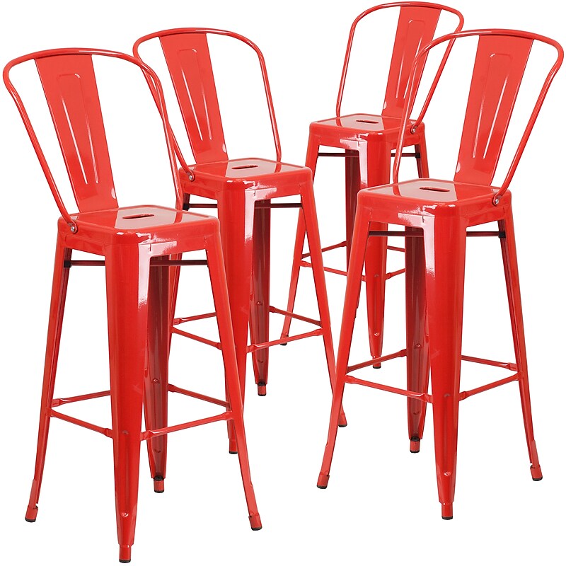 Flash Furniture Commercial Grade 30" High Red Metal Indoor-Outdoor Barstool with Removable Back, 4 Pack (4CH3132030GBRED) image 1