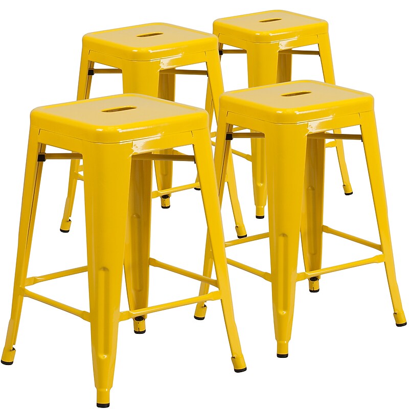 Flash Furniture 24" High Backless Yellow Metal Indoor-Outdoor Counter Height Stool with Square Seat, 4 Pack (4CH3132024YL) image 1