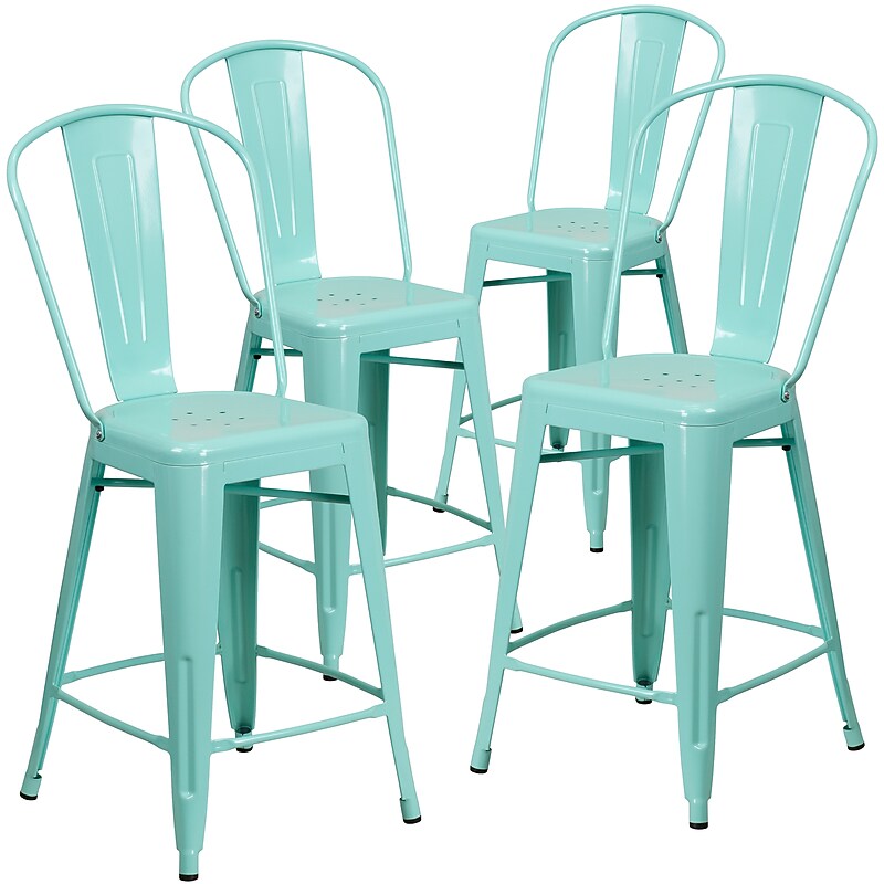 Flash Furniture Commercial Grade 24" High Mint Green Metal Indoor-Outdoor Counter Height Stool with Back, 4 Pack (4ET353424MINT) image 1