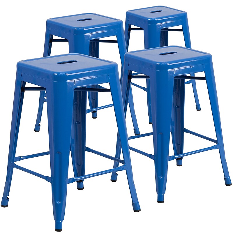 Flash Furniture 24" High Backless Blue Metal Indoor-Outdoor Counter Height Stool with Square Seat, 4 Pack (4CH3132024BL) image 1