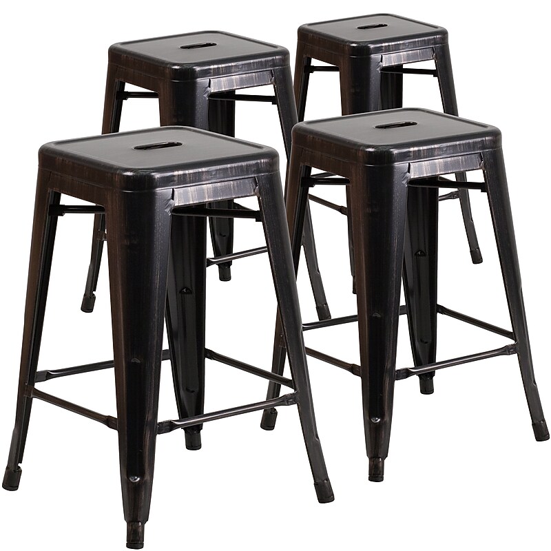 Flash Furniture 24" High Backless Black-Antique Gold Metal Indoor-Outdoor Counter Stool with Square Seat, 4 Pack (4CH3132024BQ) image 1