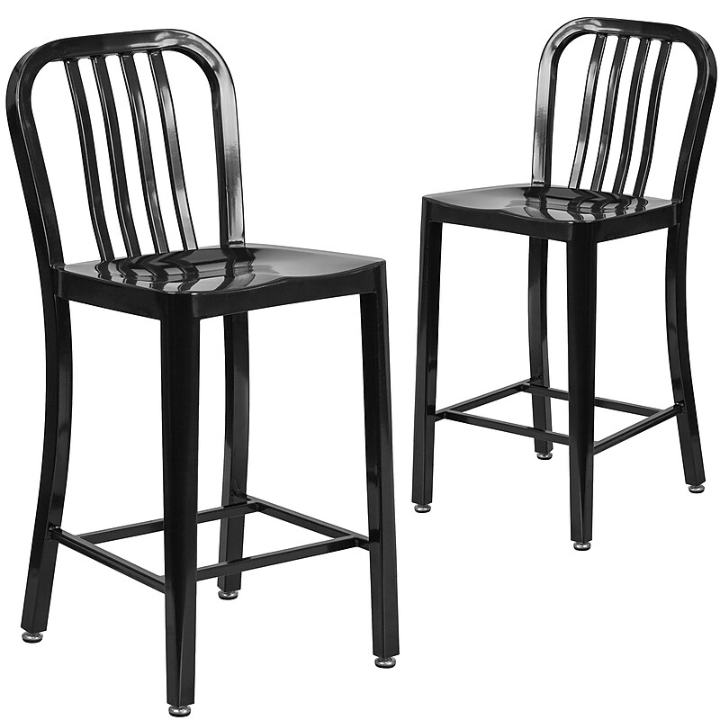 Flash Furniture 24" High Black Metal Indoor-Outdoor Counter Height Stool with Vertical Slat Back, 2 Pack (2CH6120024BK) image 1