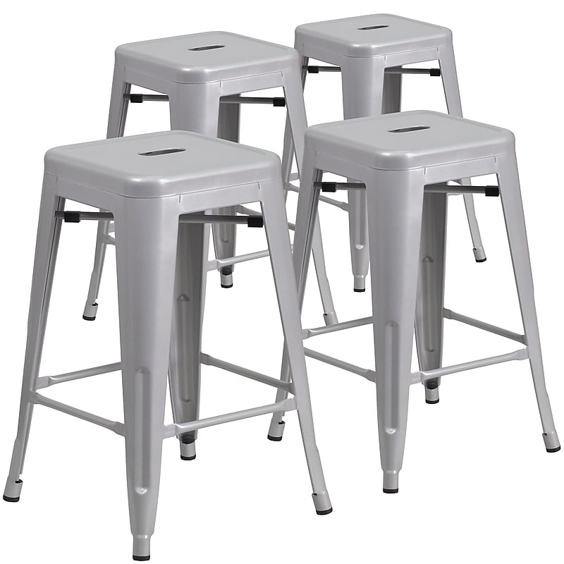 Flash Furniture 24" High Backless Silver Metal Indoor-Outdoor Counter Height Stool with Square Seat, 4 Pack (4CH3132024SIL) image 1