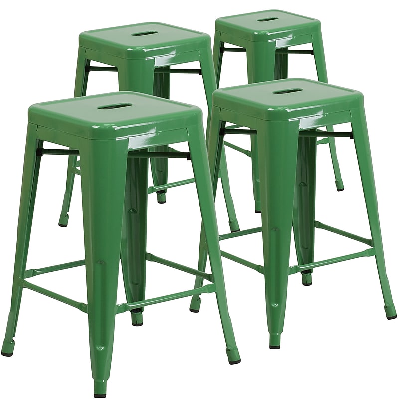 Flash Furniture 24" High Backless Green Metal Indoor-Outdoor Counter Height Stool with Square Seat, 4 Pack (4CH3132024GN) image 1