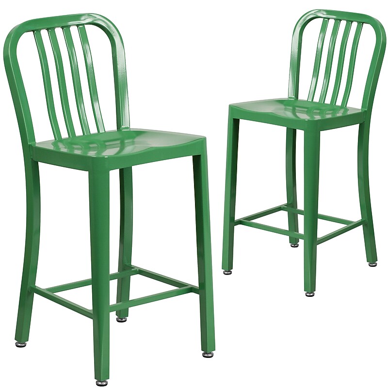Flash Furniture 24" High Green Metal Indoor-Outdoor Counter Height Stool with Vertical Slat Back, 2 Pack (2CH6120024GN) image 1