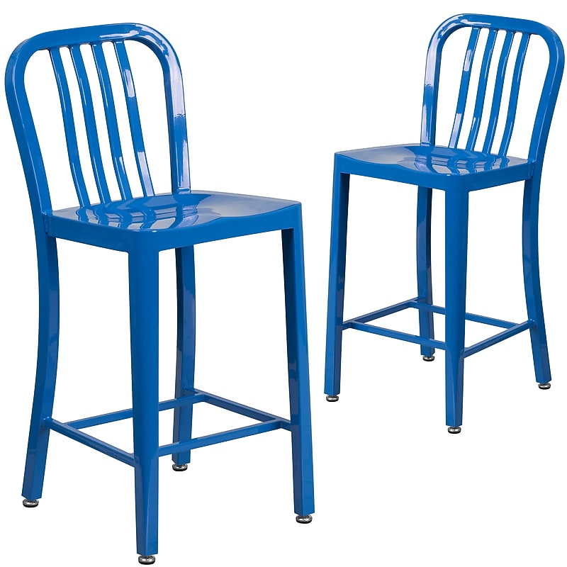 Flash Furniture 24" High Blue Metal Indoor-Outdoor Counter Height Stool with Vertical Slat Back, 2 Pack (2CH6120024BL) image 1