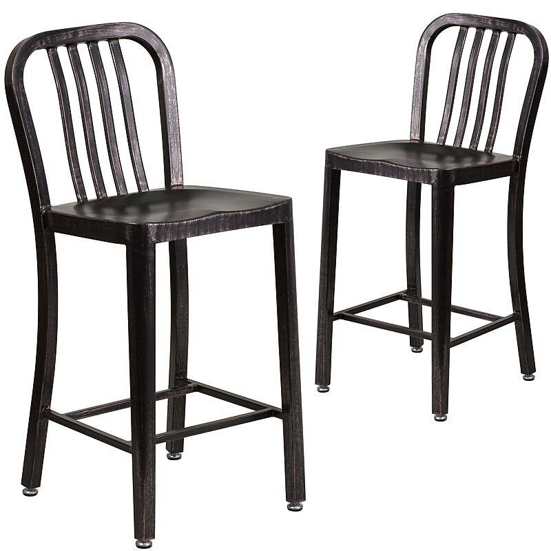 Flash Furniture 24" High Black-Antique Gold Metal Indoor-Outdoor Counter Stool with Vertical Slat Back, 2 Pack (2CH6120024BQ) image 1