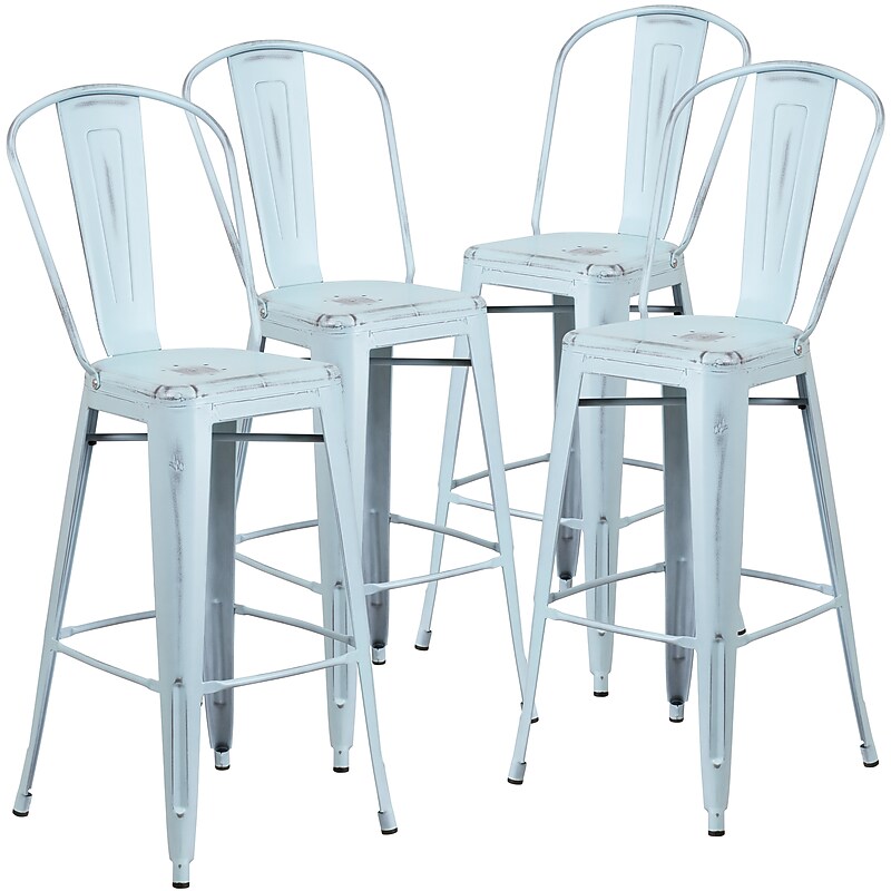 Flash Furniture Commercial Grade 30" High Distressed Green-Blue Metal Indoor-Outdoor Barstool with Back, 4 Pack (4ET353430DB) image 1