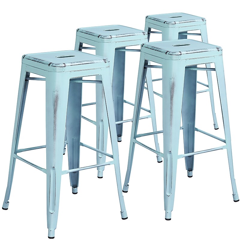Flash Furniture Commercial Grade 30" High Backless Distressed Green-Blue Metal Indoor-Outdoor Barstool, 4 Pack (4ETBT350330DB) image 1