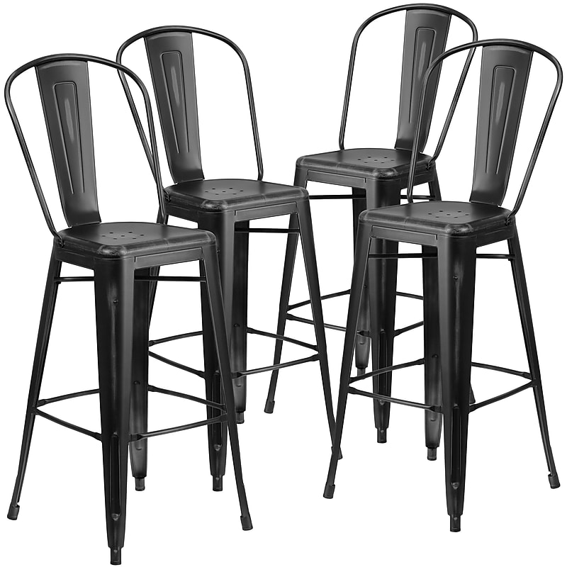 Flash Furniture Commercial Grade 30" High Distressed Black Metal Indoor-Outdoor Barstool with Back, 4 Pack (4ET353430BK) image 1
