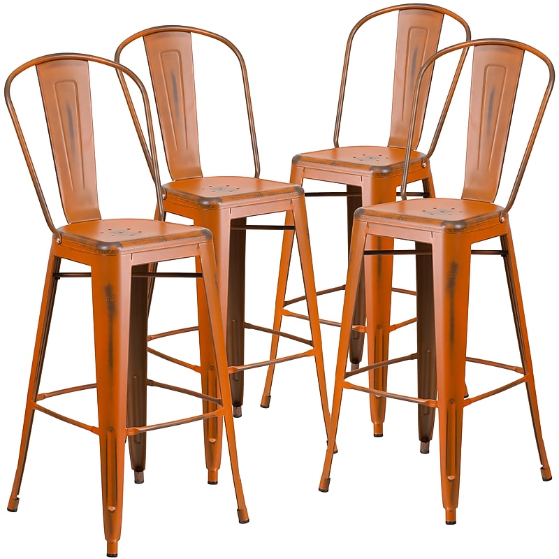 Flash Furniture Commercial Grade 30" High Distressed Orange Metal Indoor-Outdoor Barstool with Back, 4 Pack (4ET353430OR) image 1