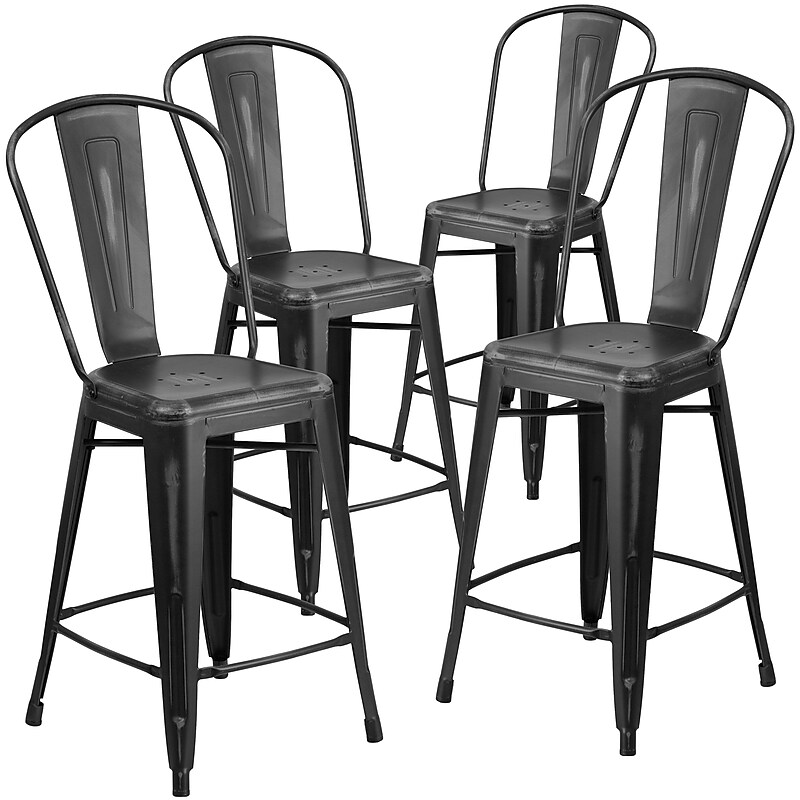 Flash Furniture Commercial 24" High Distressed Black Metal Indoor-Outdoor Counter Height Stool with Back, 4 Pack (4ET353424BK) image 1