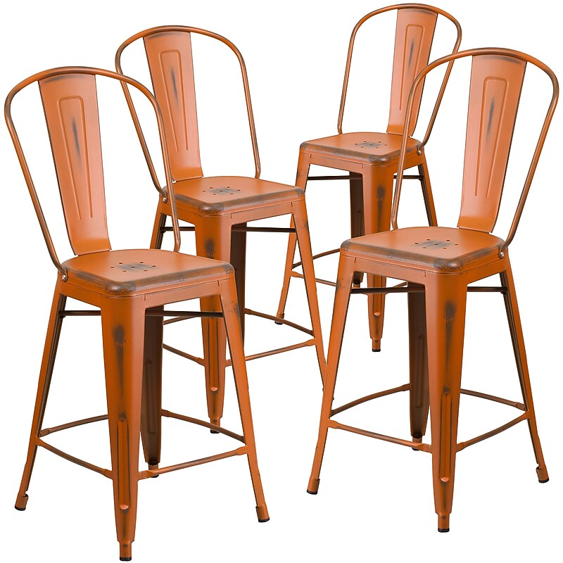 Flash Furniture Commercial 24" High Distressed Orange Metal Indoor-Outdoor Counter Height Stool with Back, 4 Pack (4ET353424OR) image 1