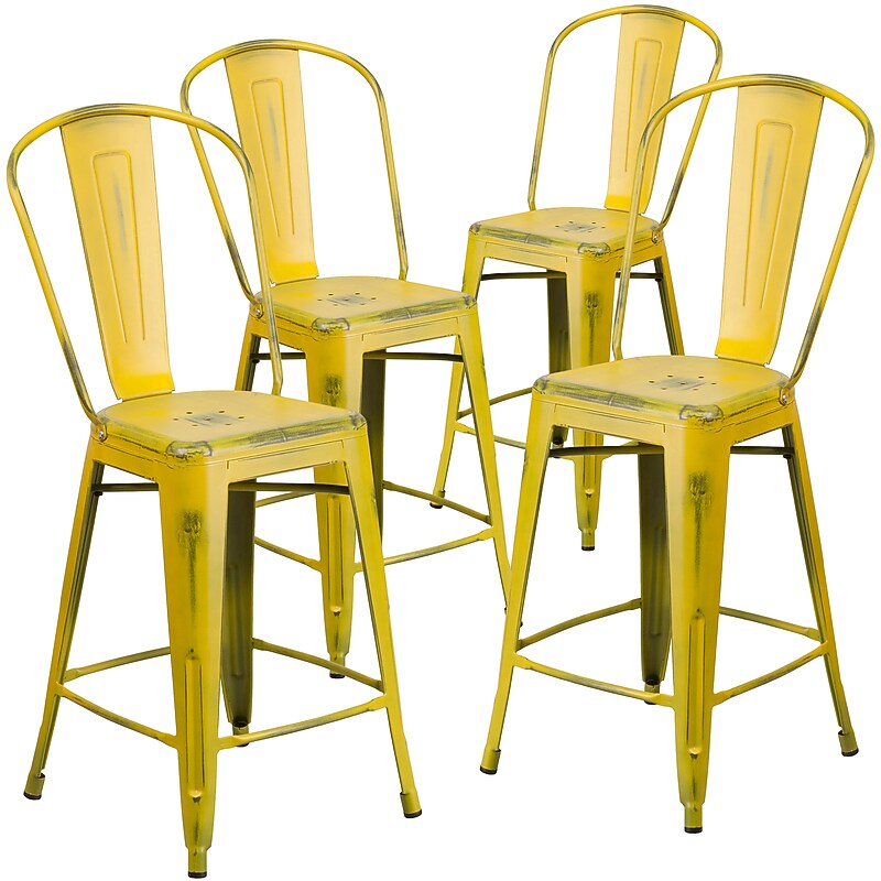 Flash Furniture Commercial 24" High Distressed Yellow Metal Indoor-Outdoor Counter Height Stool with Back, 4 Pack (4ET353424YL) image 1