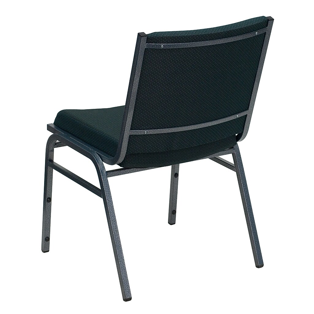Rear oblique view of dark green fabric stacking chair