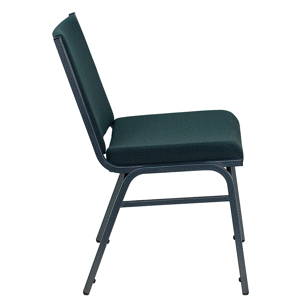 Side profile view of dark green fabric stacking chair