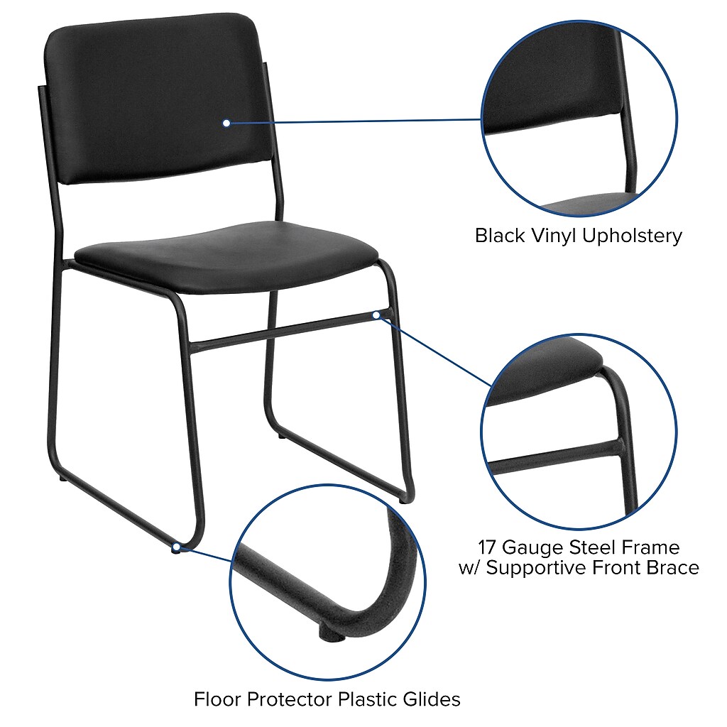 Close-up features of black vinyl chair with labels highlighting upholstery, front brace, and plastic glides