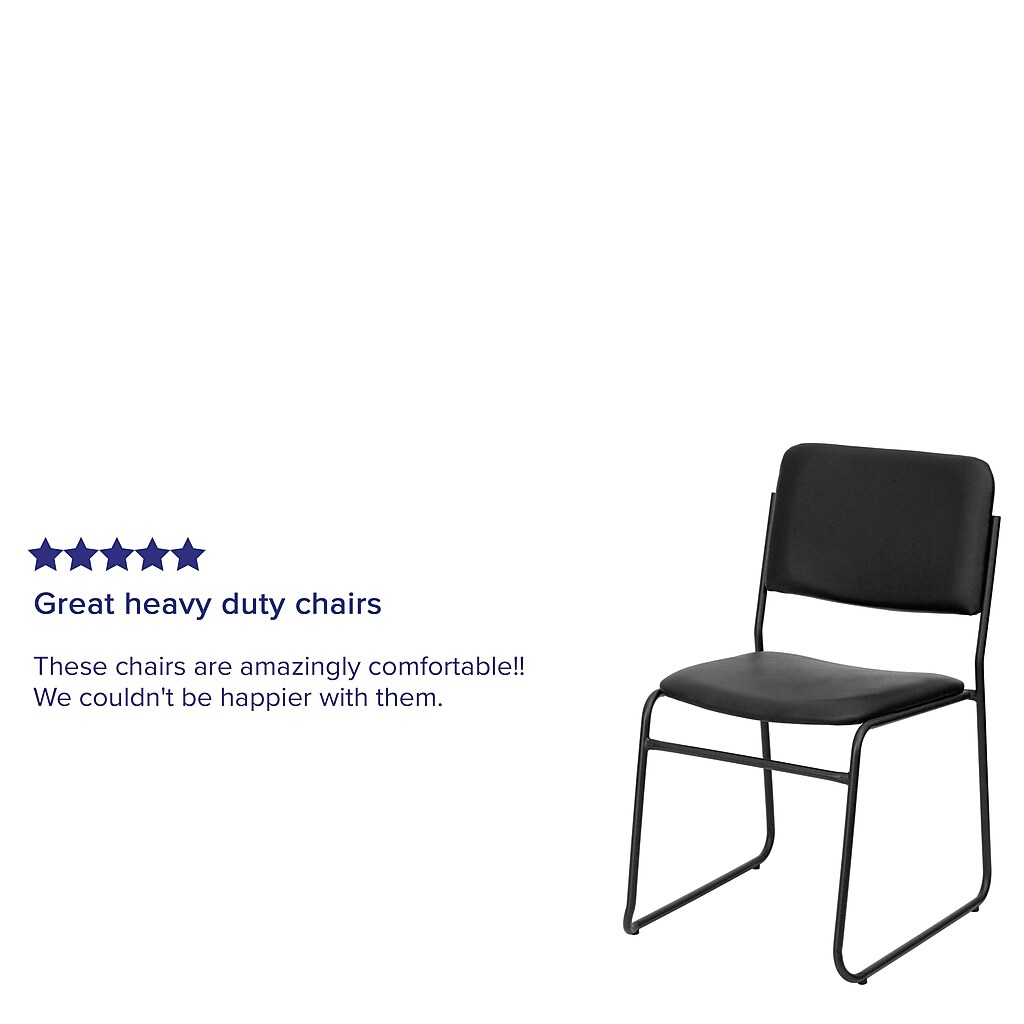 Black vinyl stacking chair shown with text praise on white background