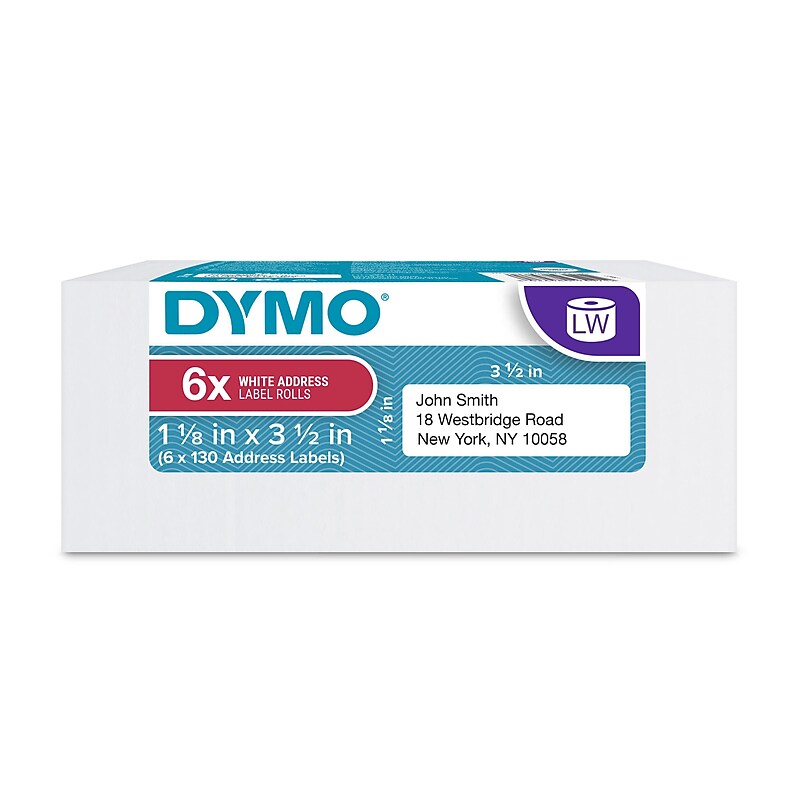 DYMO LabelWriter 2050818 Mailing Address Labels, 3-1/2" x 1-1/8", Black on White, 130 Labels/Roll, 6 Rolls/Box (2050818) image 1