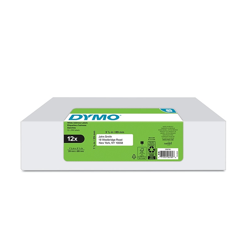 DYMO LabelWriter 2050768 Mailing Address Labels, 3-1/2" x 1-1/8", Black on White, 350 Labels/Roll, 12 Rolls/Box (2050768) image 1