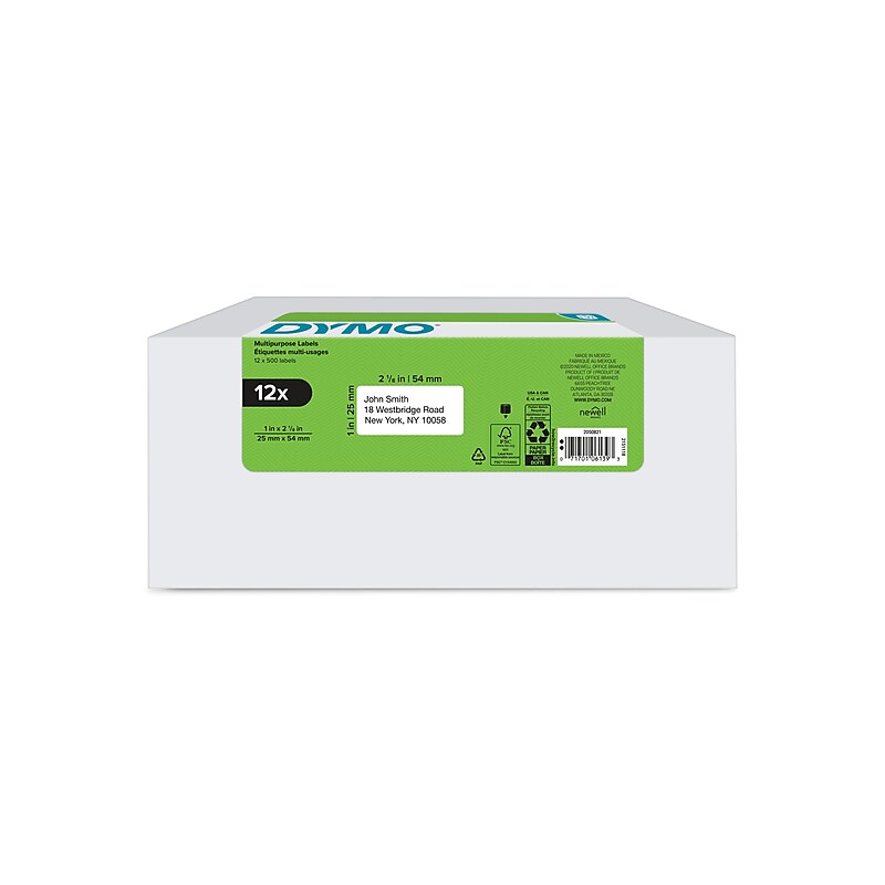 DYMO LabelWriter 2050821 Multi-Purpose Labels, 2-1/8" x 1", Black on White, 500 Labels/Roll, 12 Rolls/Box (2050821) image 1