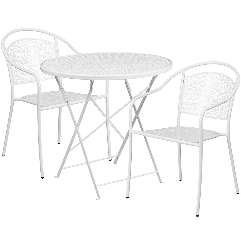 Flash Furniture Oia Indoor-Outdoor 30" Round Steel Folding Patio Table Set with 2 Round Back Chairs, White (CO30RDF03CHR2WH) image 1