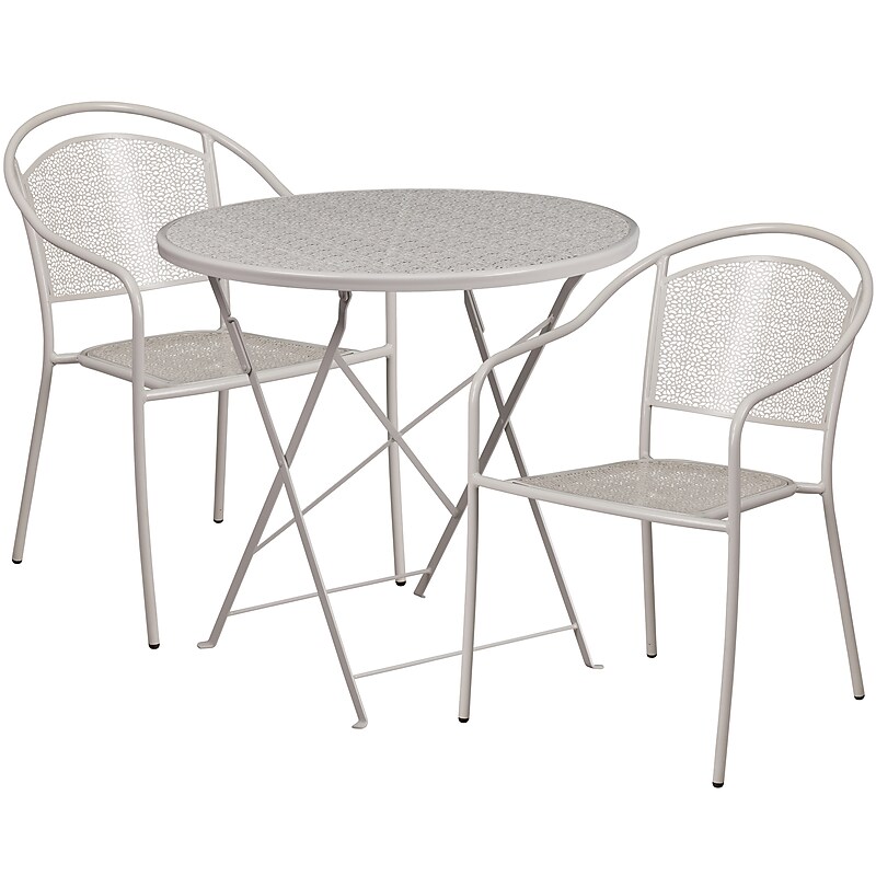Flash Furniture Oia 30" Round Steel Folding Patio Table Set with 2 Round Back Chairs, Light Gray (CO30RDF03CHR2SV) image 1