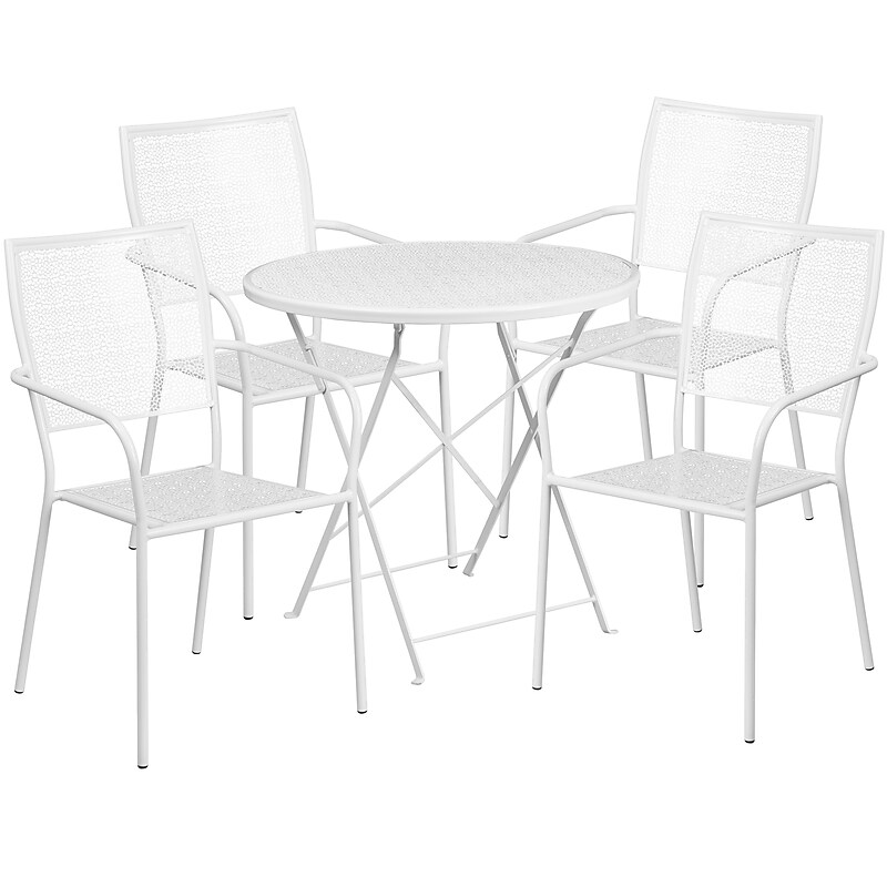 Flash Furniture Oia Indoor-Outdoor 30" Round Steel Folding Patio Table Set with 4 Square Back Chairs, White (CO30RDF02CHR4WH) image 1