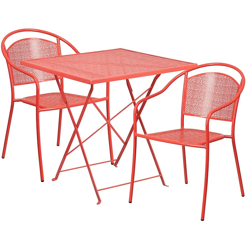 Flash Furniture Oia Indoor-Outdoor 28" Square Steel Folding Patio Table Set with 2 Round Back Chairs, Coral (CO28SQF03CHR2RD) image 1