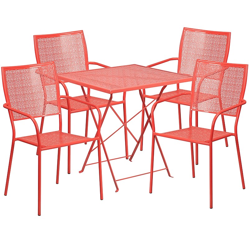 Flash Furniture Oia Indoor-Outdoor 28" Square Steel Folding Patio Table Set with 4 Square Back Chairs, Coral (CO28SQF02CHR4RD) image 1