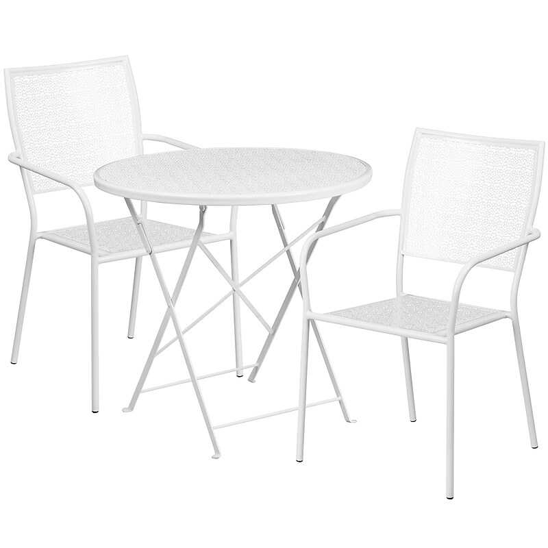 Flash Furniture Oia Indoor-Outdoor 30" Round Steel Folding Patio Table Set with 2 Square Back Chairs, White (CO30RDF02CHR2WH) image 1