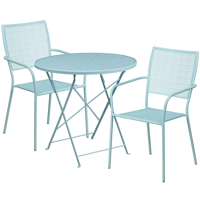 Flash Furniture Oia Indoor-Outdoor 30" Round Steel Folding Patio Table Set with 2 Square Back Chairs, Sky Blue (CO30RDF02CHR2SB) image 1