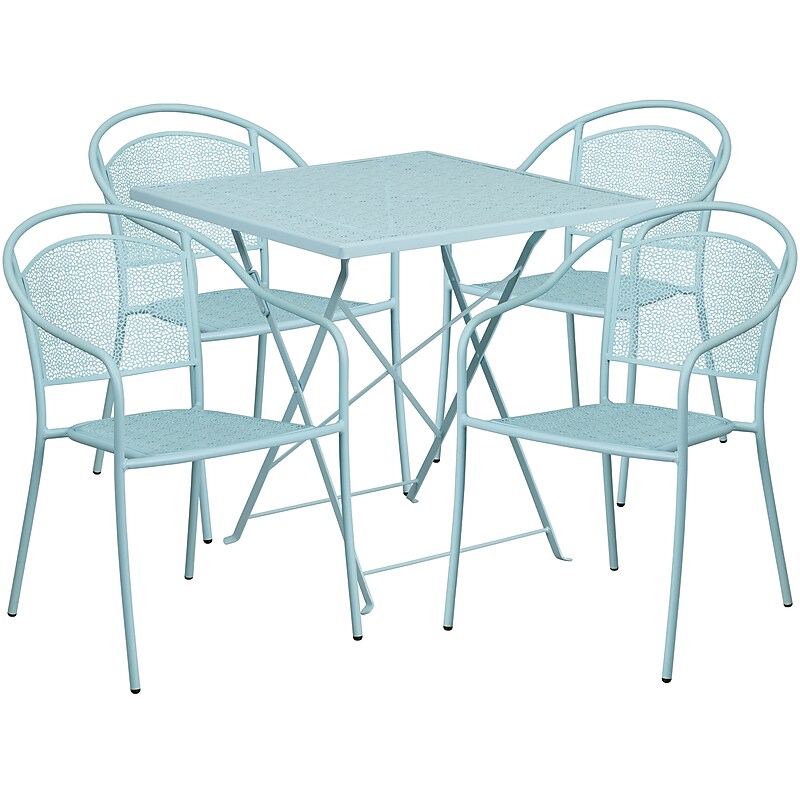 Flash Furniture Oia Indoor-Outdoor 28" Square Steel Folding Patio Table Set with 4 Round Back Chairs, Sky Blue (CO28SQF03CHR4SB) image 1
