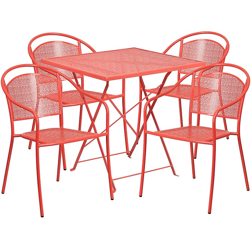 Flash Furniture Oia Indoor-Outdoor 28" Square Steel Folding Patio Table Set with 4 Round Back Chairs, Coral (CO28SQF03CHR4RD) image 1