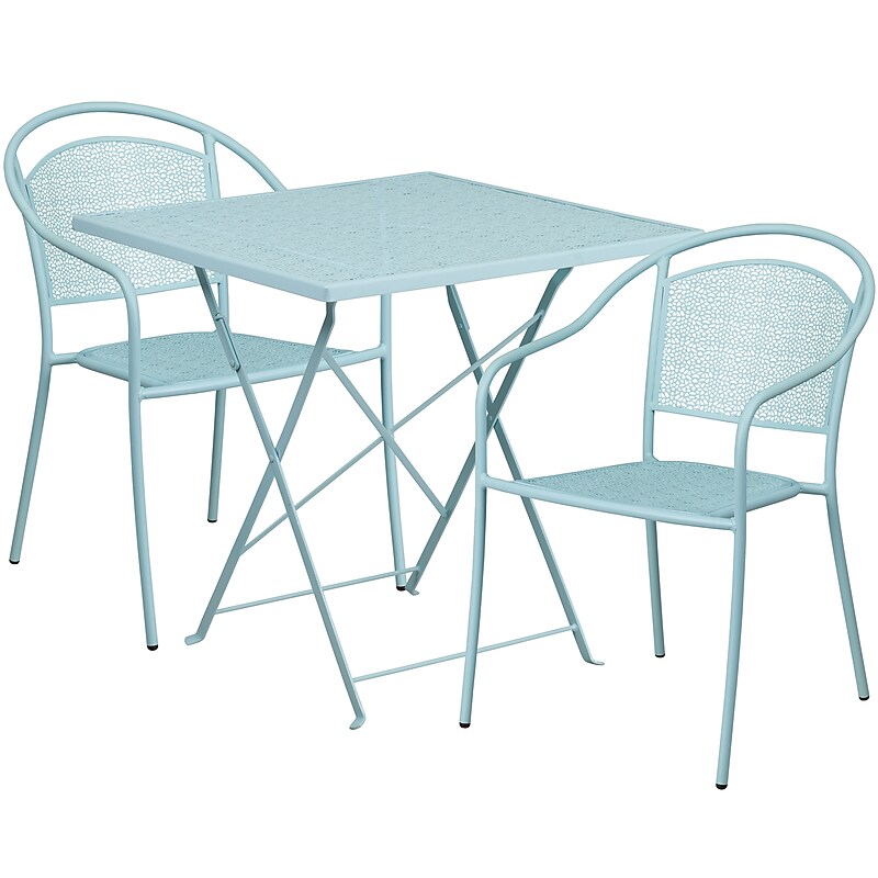 Flash Furniture Oia Indoor-Outdoor 28" Square Steel Folding Patio Table Set with 2 Round Back Chairs, Sky Blue (CO28SQF03CHR2SB) image 1