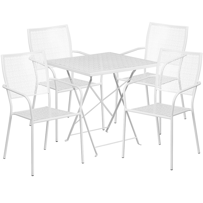 Flash Furniture Oia Indoor-Outdoor 28" Square Steel Folding Patio Table Set with 4 Square Back Chairs, White (CO28SQF02CHR4WH) image 1