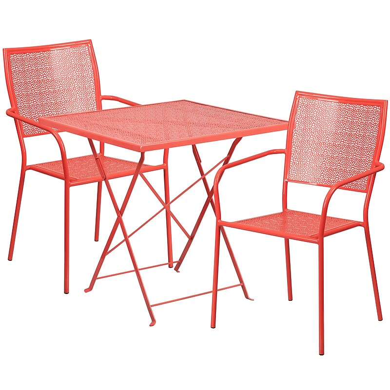 Flash Furniture Oia Indoor-Outdoor 28" Square Steel Folding Patio Table Set with 2 Square Back Chairs, Coral (CO28SQF02CHR2RD) image 1