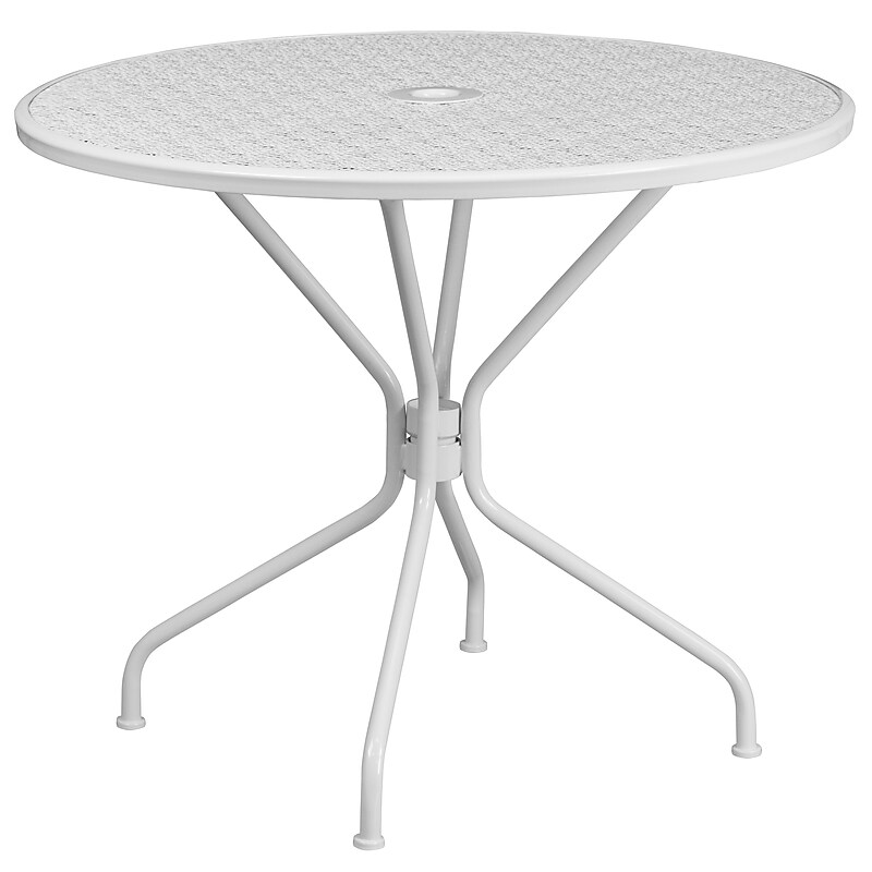 Flash Furniture Oia Commercial Grade Round Indoor-Outdoor Steel Patio Table with Umbrella Hole, White (CO7WH) image 1