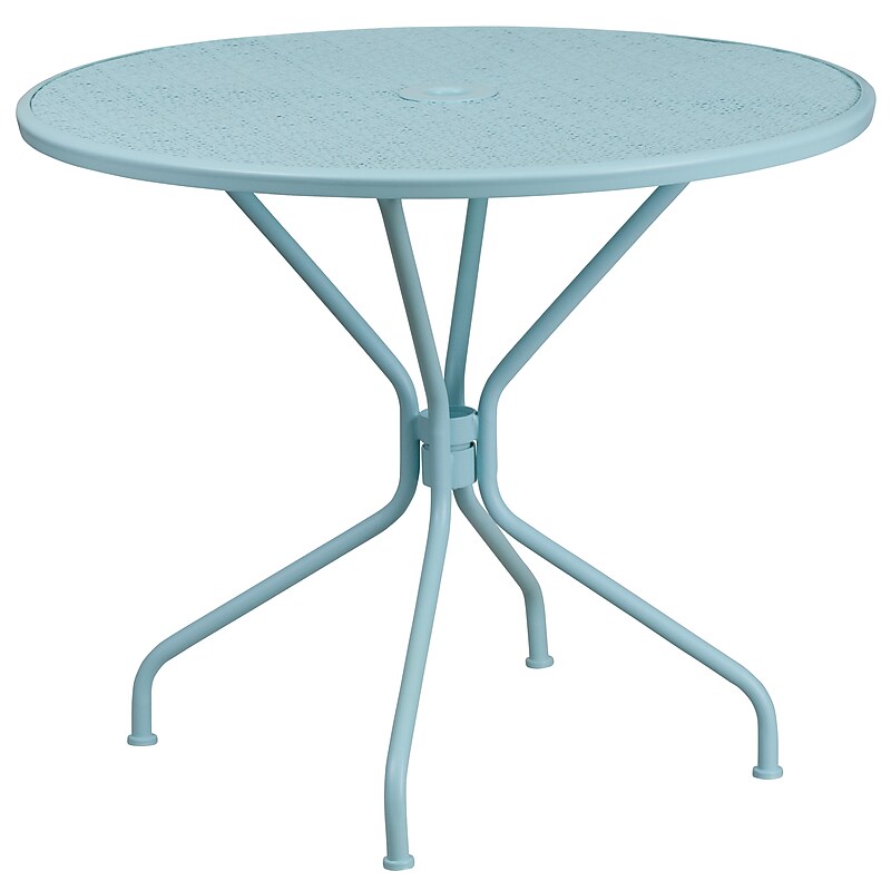 Flash Furniture Oia Commercial Grade Round Indoor-Outdoor Steel Patio Table with Umbrella Hole, Sky Blue (CO7SKY) image 1