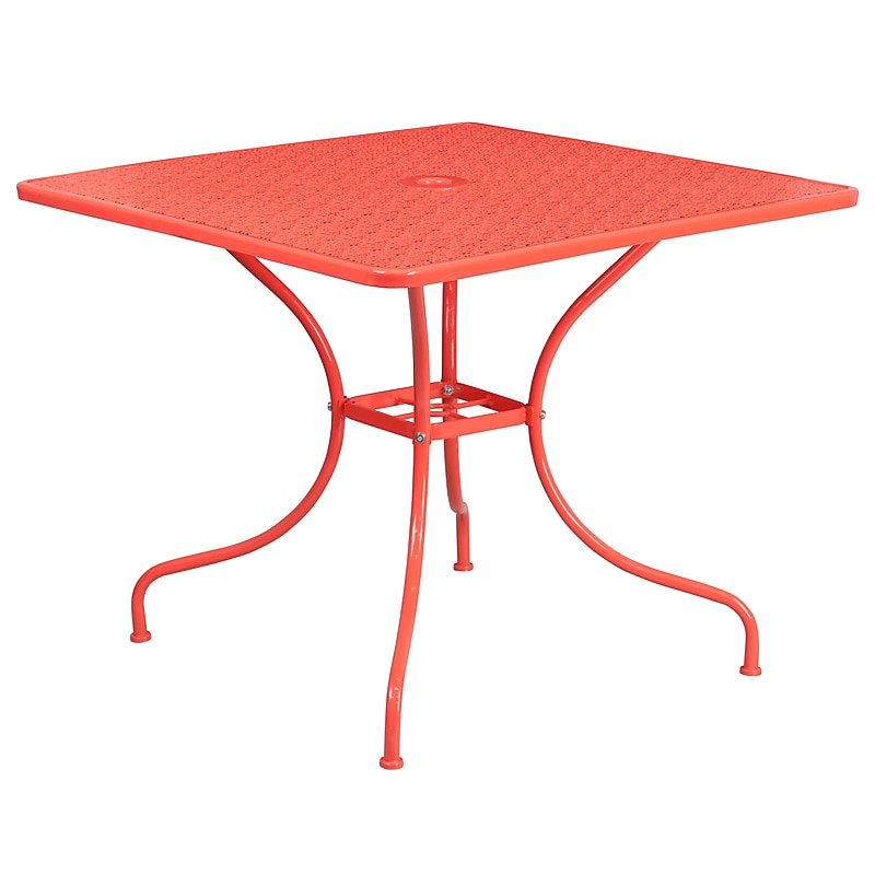 Flash Furniture Oia Commercial Grade Square Indoor-Outdoor Steel Patio Table with Umbrella Hole, Coral (CO6RED) image 1